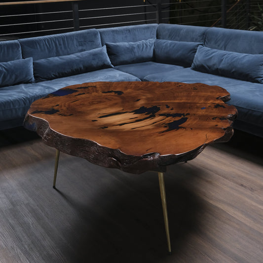 Wooden table with a natural edge design.